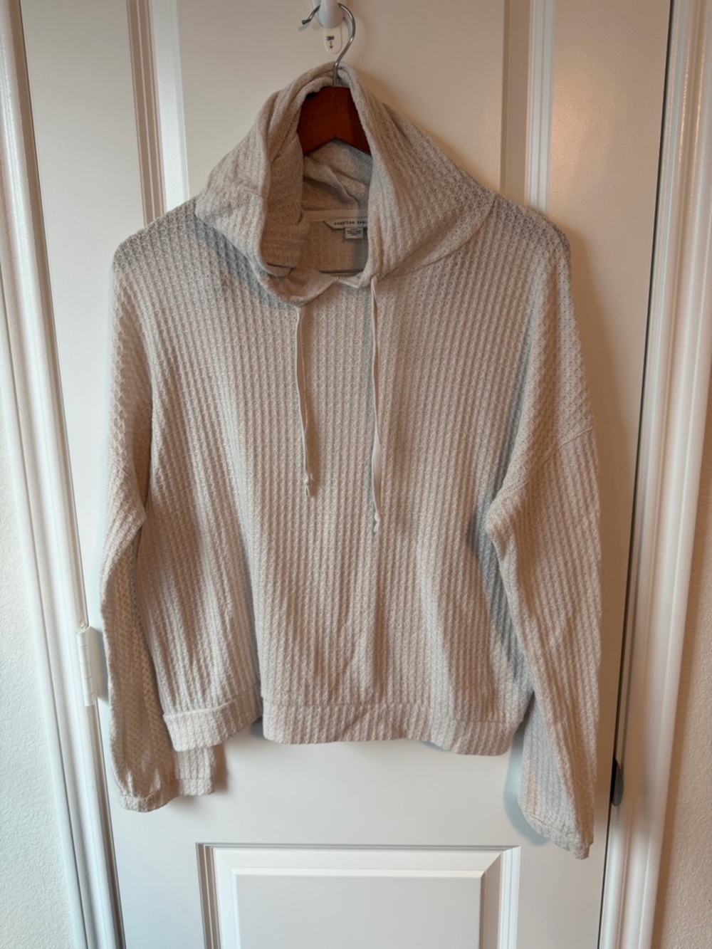 American Eagle Cozy Waffle-Knit Drawstring Hooded Sweater in Cream
